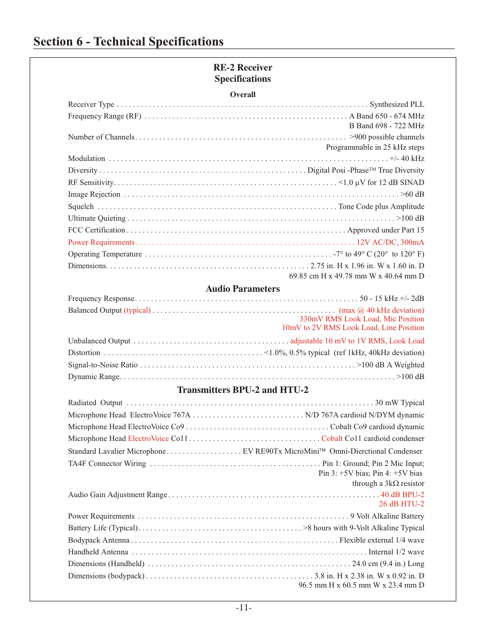 Sec tion 6 - tech ni cal spec i fi ca tions | Telex ELECTRO-VOICE RE-2 User Manual | Page 13 / 16