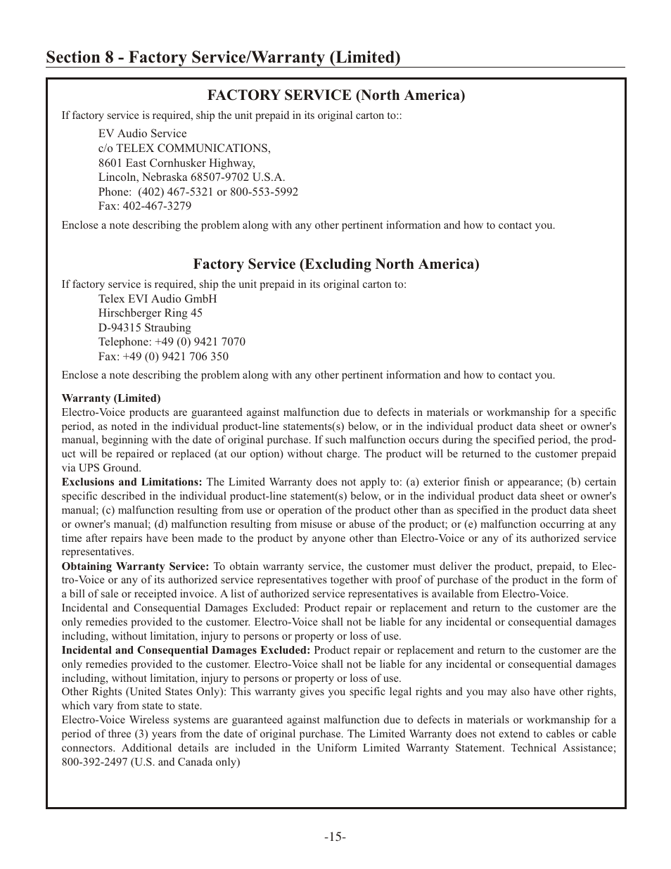 Telex ELECTRO-VOICE RE-2 User Manual | Page 15 / 16