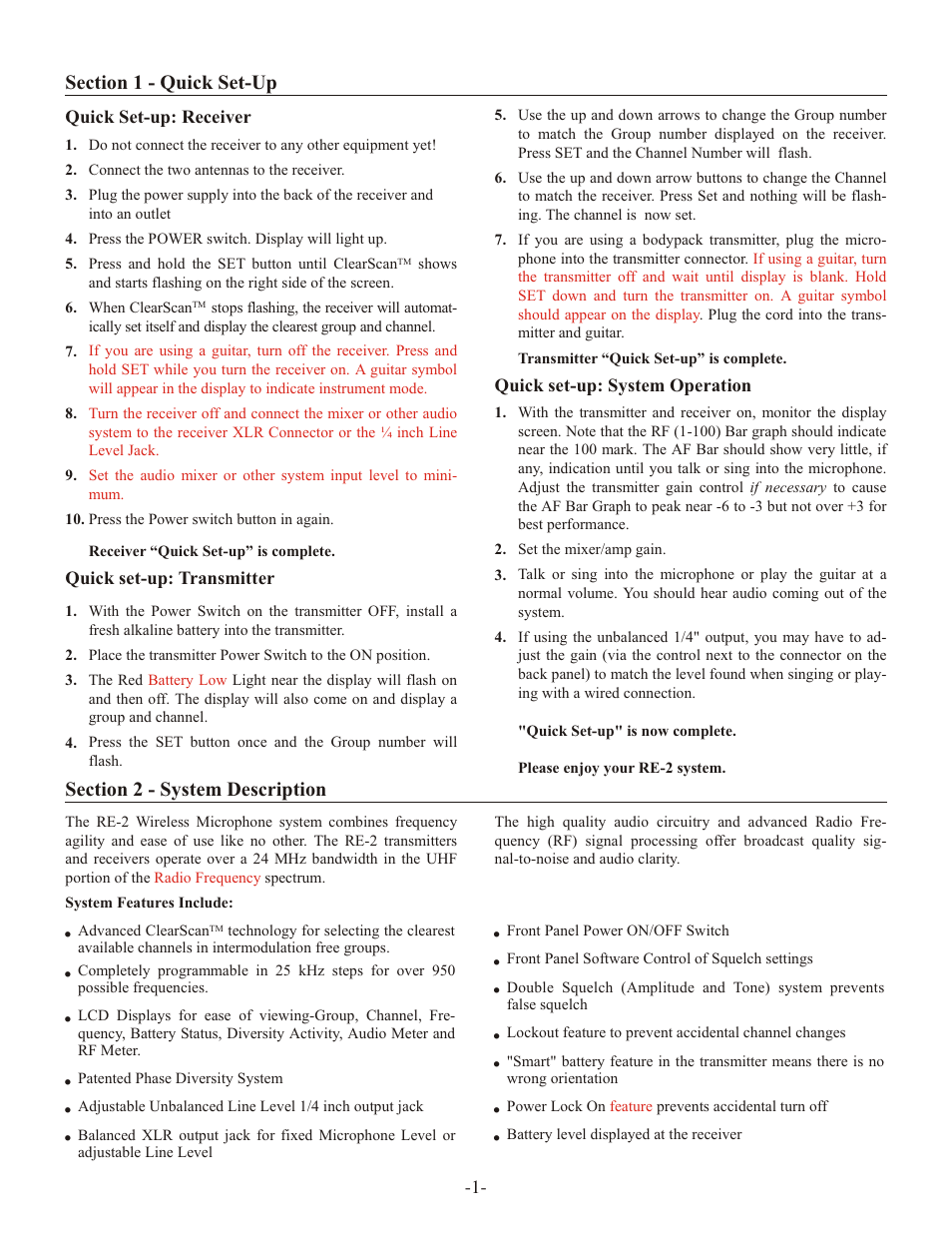 Sec tion 1 - quick set-up, Sec tion 2 - sys tem de scrip tion | Telex ELECTRO-VOICE RE-2 User Manual | Page 3 / 16