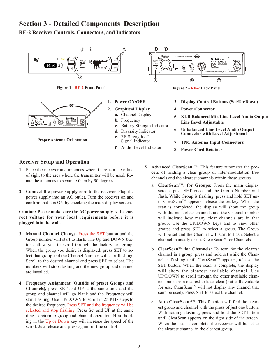 Sec tion 3 - de tailed com po nents de scrip tion, Re ceiver setup and op er a tion, For chan nels. clearscan | Telex ELECTRO-VOICE RE-2 User Manual | Page 4 / 16