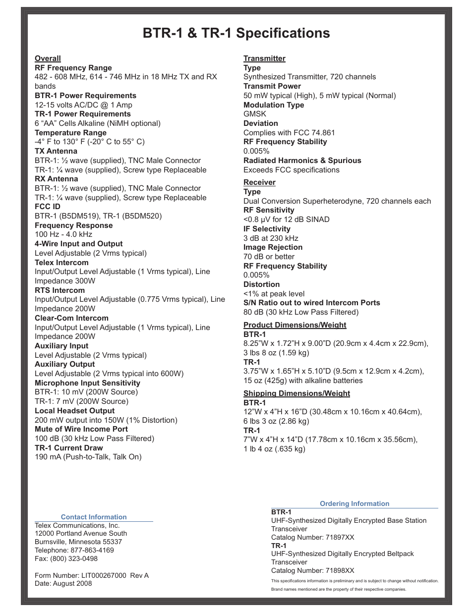 Btr-1 & tr-1 specifications | Telex BTR-1 User Manual | Page 2 / 2