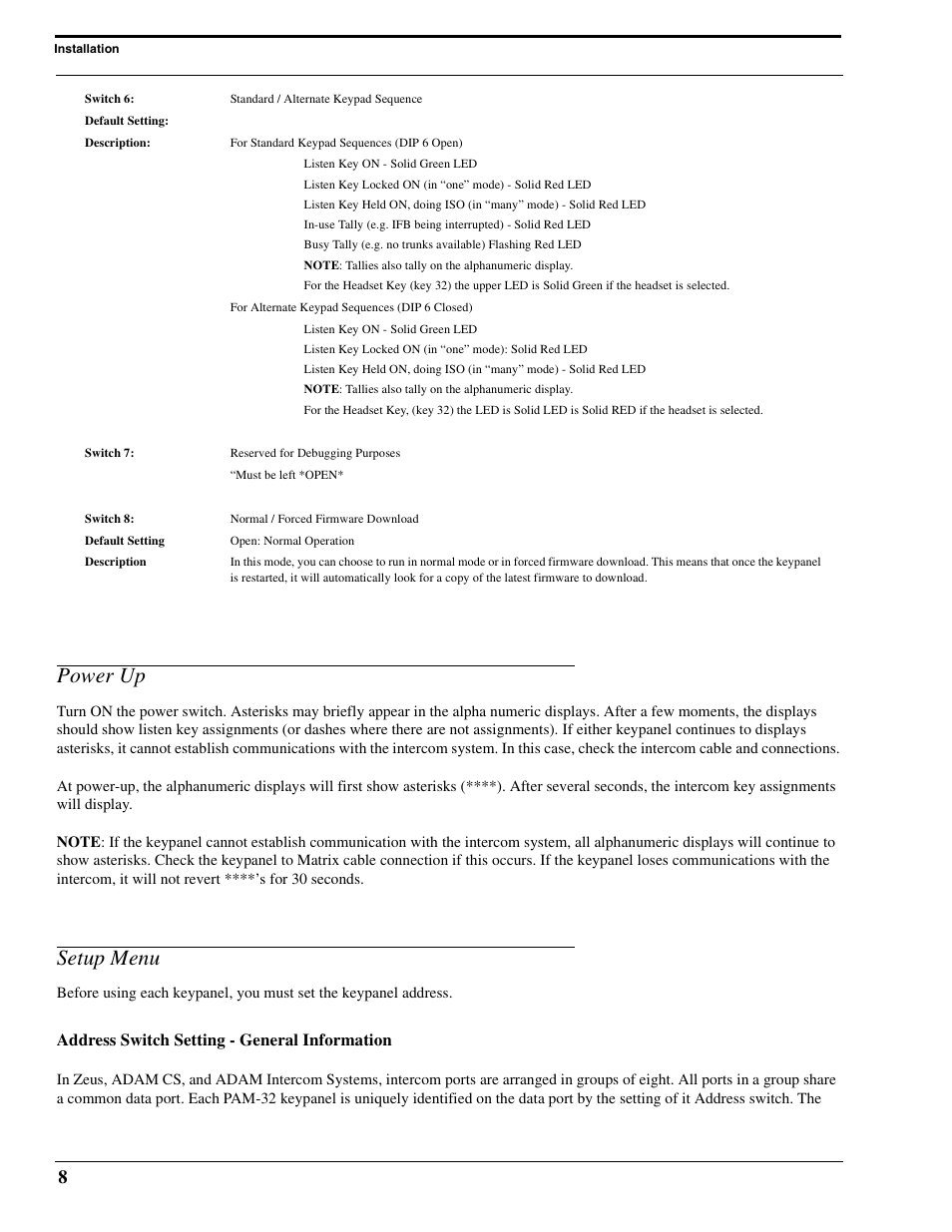 Power up, Setup menu, Address switch setting - general information | Telex PAM-32 User Manual | Page 10 / 26