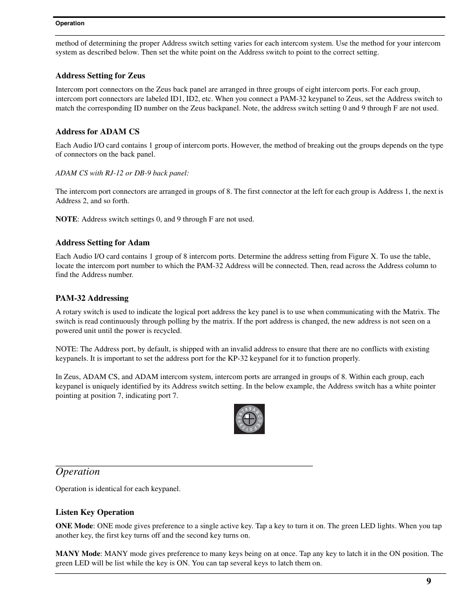 Address setting for zeus, Address for adam cs, Address setting for adam | Pam-32 addressing, Operation, Listen key operation | Telex PAM-32 User Manual | Page 11 / 26