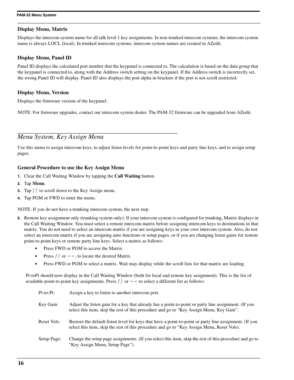 Display menu, matrix, Display menu, panel id, Display menu, version | Menu system, key assign menu, General procedure to use the key assign menu | Telex PAM-32 User Manual | Page 18 / 26