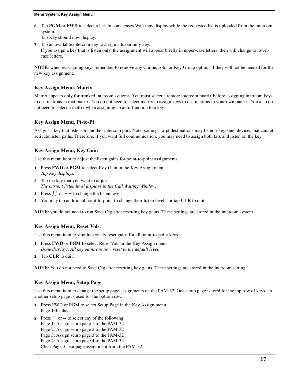 Key assign menu, matrix, Key assign menu, pt-to-pt, Key assign menu, key gain | Key assign menu, reset vols | Telex PAM-32 User Manual | Page 19 / 26