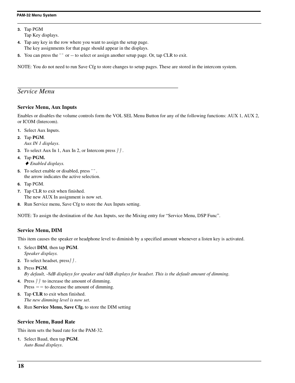 Service menu, Service menu, aux inputs, Service menu, dim | Service menu, baud rate | Telex PAM-32 User Manual | Page 20 / 26