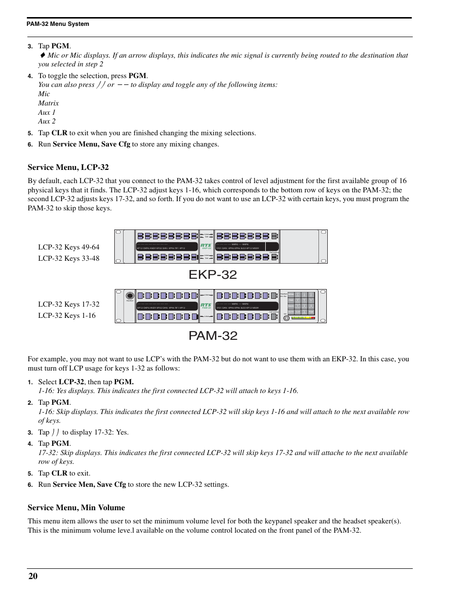 Service menu, lcp-32, Service menu, min volume, Pam-32 ekp-32 | Tap pgm, Tap ⎠⎠ to display 17-32: yes, Tap clr to exit, Num slist, Pl ifb, Auto iso, Phone relay | Telex PAM-32 User Manual | Page 22 / 26