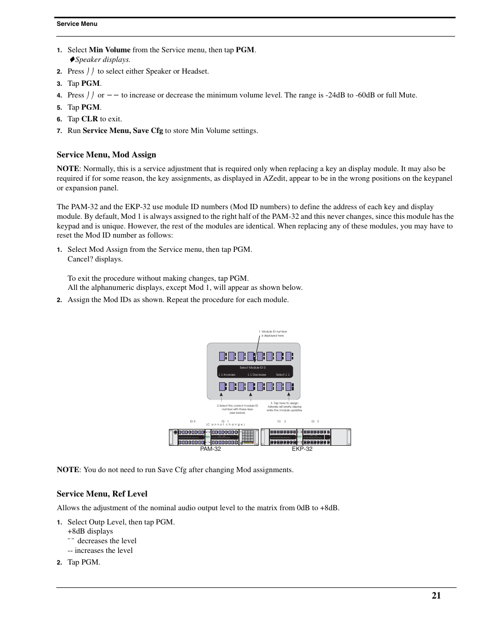 Service menu, mod assign, Service menu, ref level, Speaker displays | Press ⎠⎠ to select either speaker or headset, Tap pgm, Tap clr to exit | Telex PAM-32 User Manual | Page 23 / 26