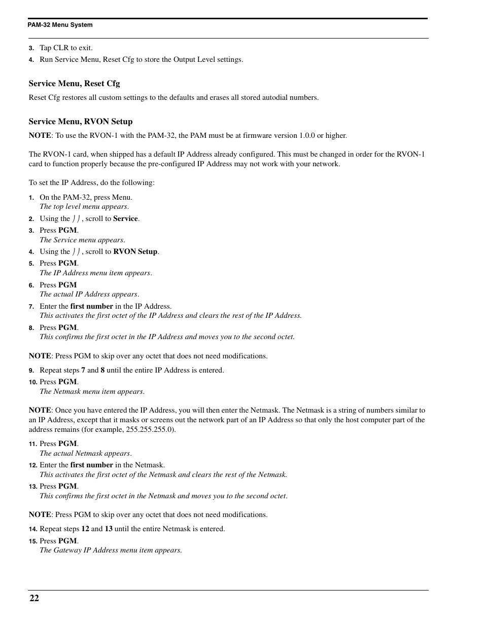 Service menu, reset cfg, Service menu, rvon setup | Telex PAM-32 User Manual | Page 24 / 26