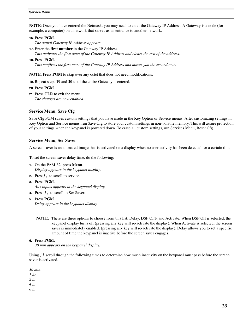 Service menu, save cfg, Service menu, scr saver | Telex PAM-32 User Manual | Page 25 / 26