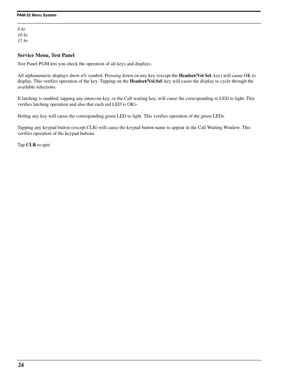 Service menu, test panel | Telex PAM-32 User Manual | Page 26 / 26