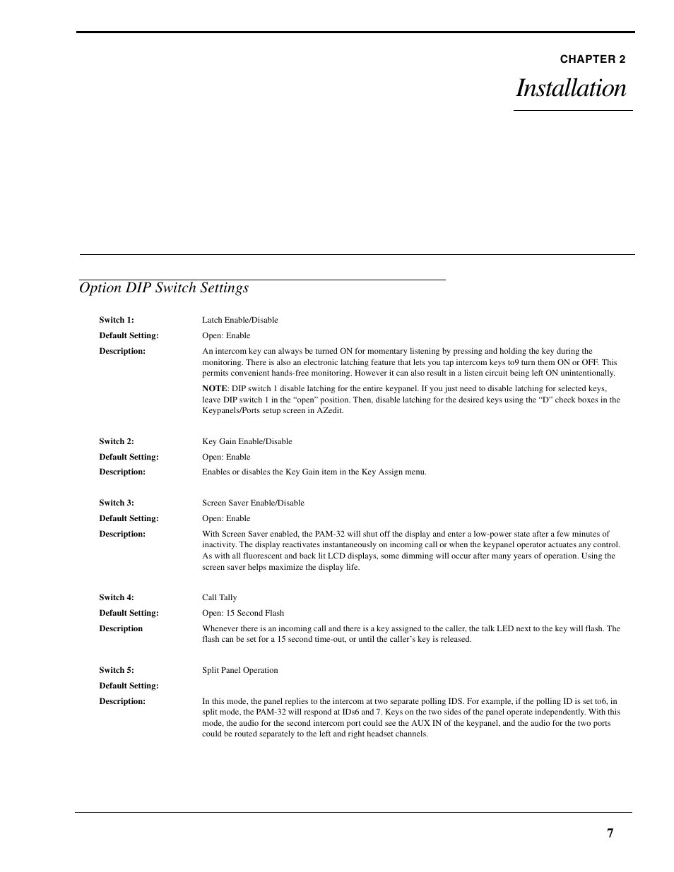 Chapter 2 installation, Option dip switch settings, Installation | Telex PAM-32 User Manual | Page 9 / 26