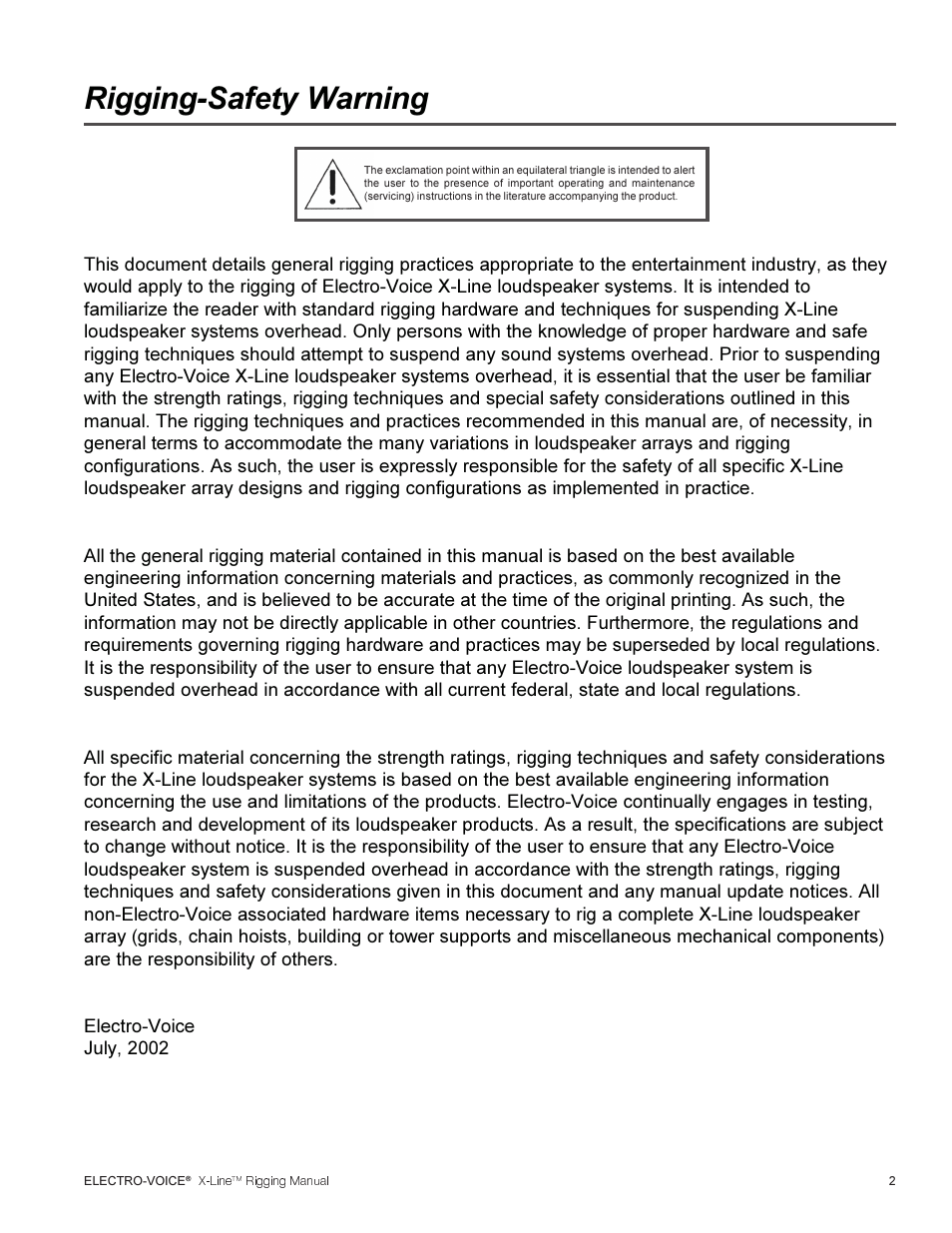 Rigging-safety warning | Telex ELECTRO-VOICE X-Line TM User Manual | Page 3 / 44