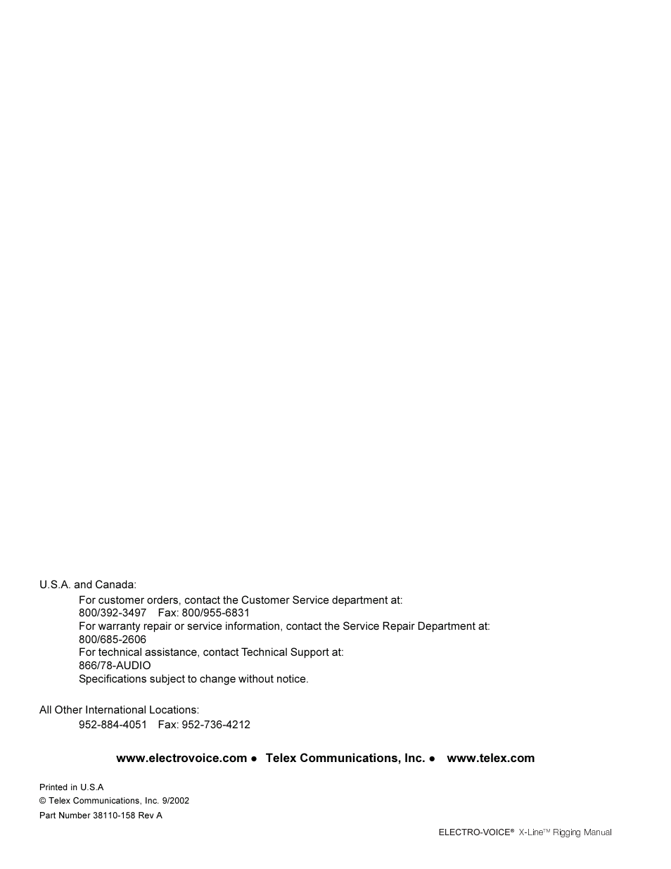 Telex ELECTRO-VOICE X-Line TM User Manual | Page 44 / 44