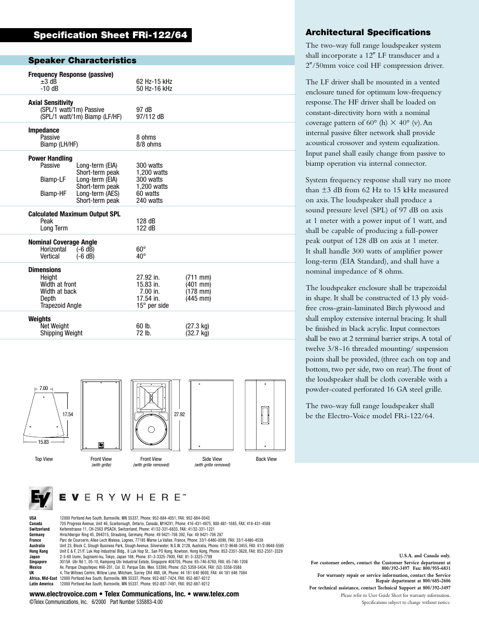 Architectural specifications, Speaker characteristics | Telex SPECIFICATION SHEET FRI-122/64 User Manual | Page 2 / 2