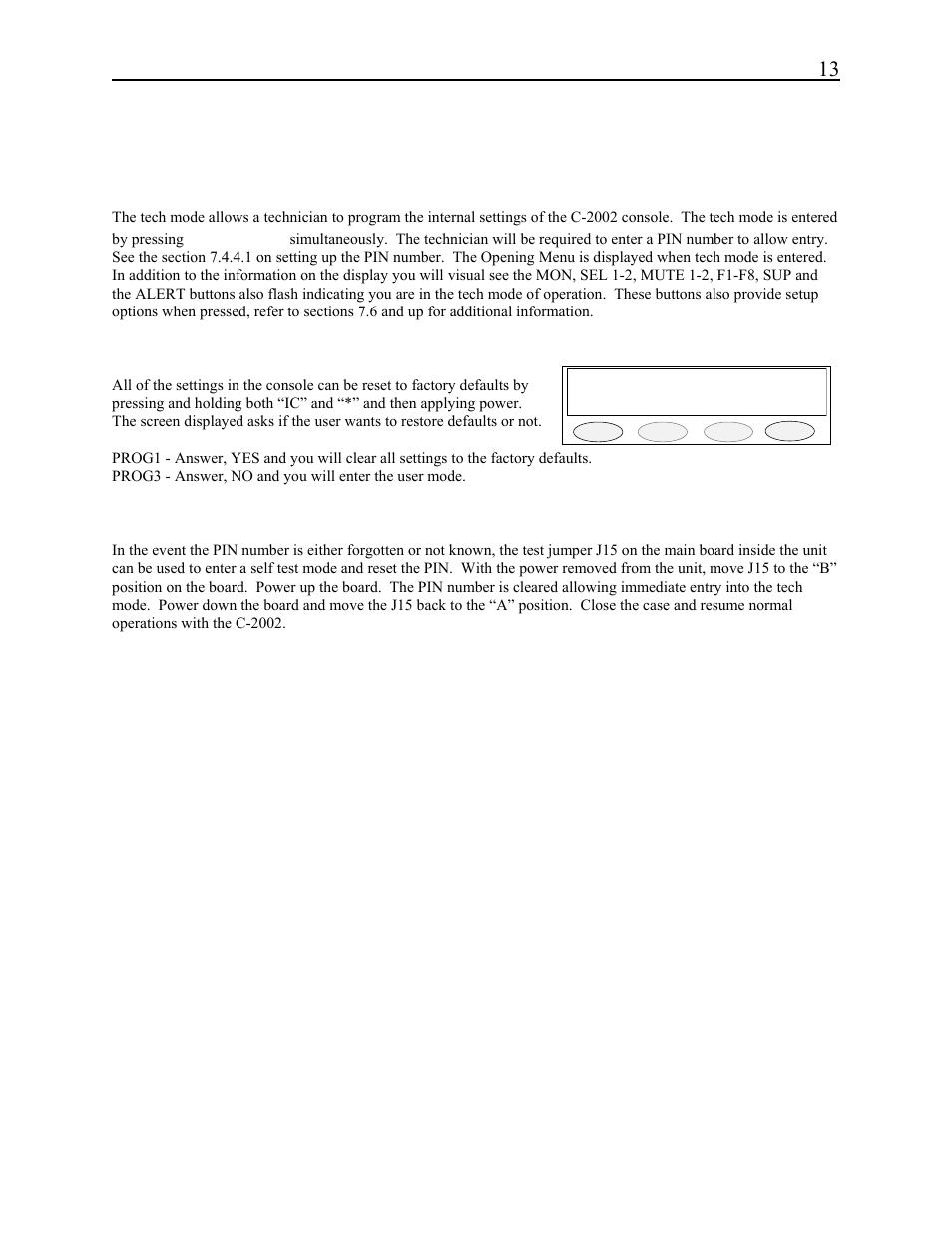 7 setup mode, Remote control console 13, 1 tech mode | Restore defaults? yes no | Telex C-2002 User Manual | Page 19 / 60