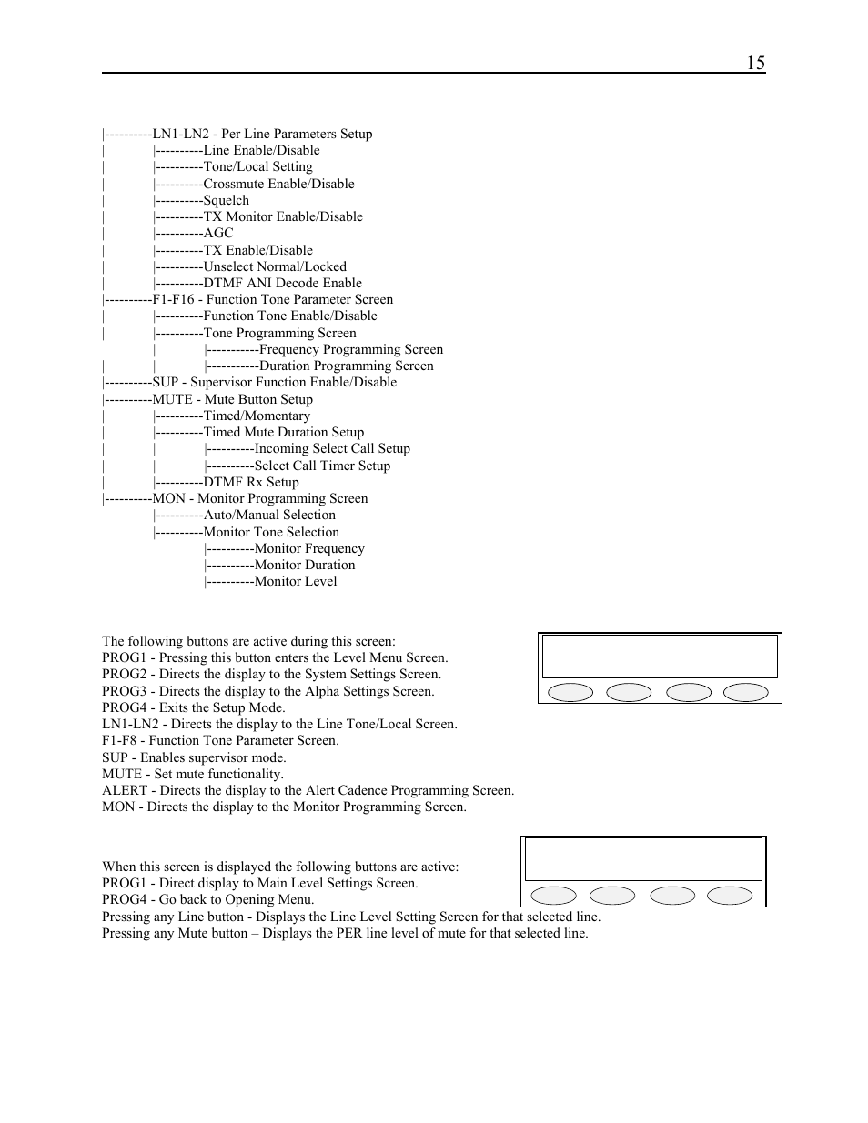 Remote control console 15, 2 opening menu, 3 level menu screen | Programming mode lvls sys alpha exit, Select line/main main back | Telex C-2002 User Manual | Page 21 / 60