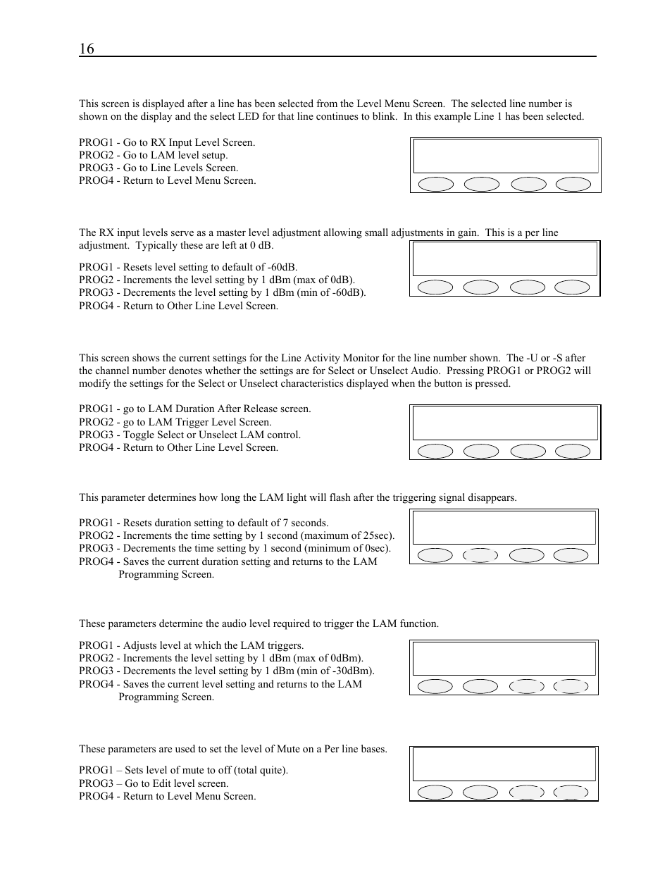 Line 1 level adjust rx lam back, Lam1-s 7sec -10dbm dur lvl s/u back, Lam1-s duration 7se 7sec dwn up back | Mute1 level = -10db off edit back, 1 menu 1 - line level settings, 1 rx input level screen, 2 lam programming screen, 3 mute button level screen | Telex C-2002 User Manual | Page 22 / 60