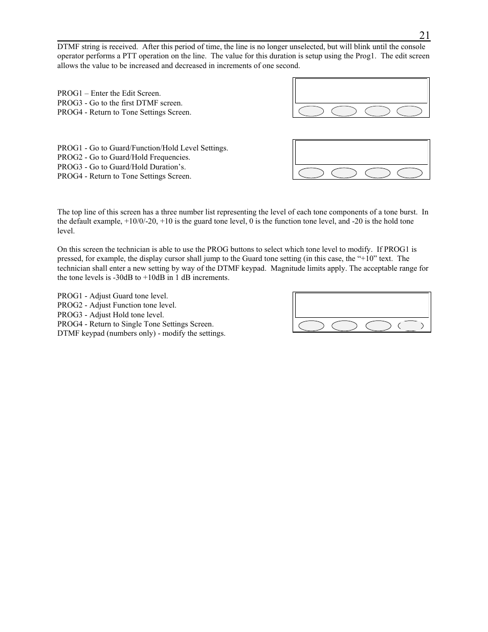 Remote control console 21, Dtmf rx hold: 7 sec edit next back, Tone settings lvl freq dur back | Telex C-2002 User Manual | Page 27 / 60