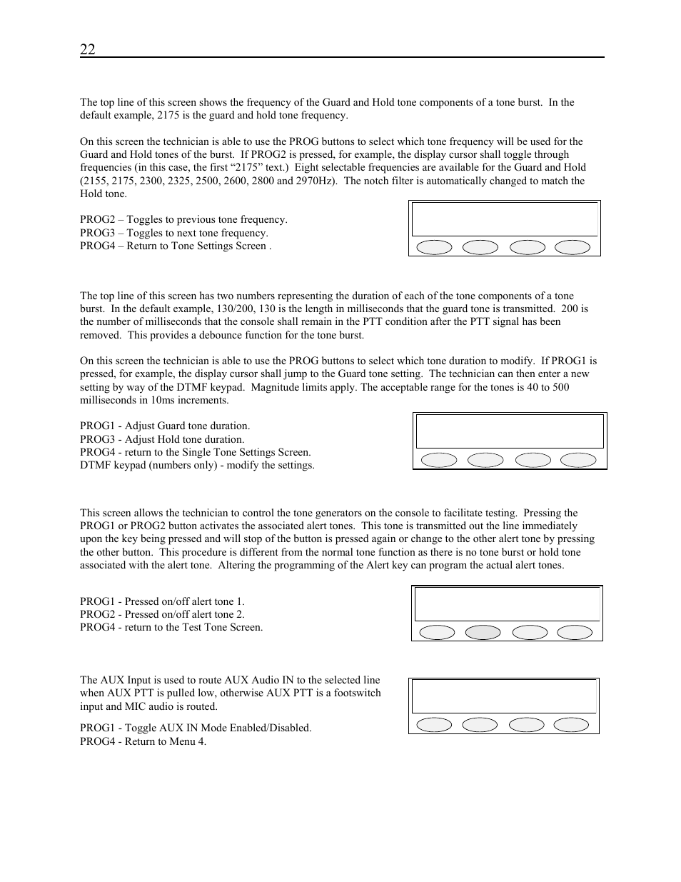 Grd&hld freq= 2175hz prev next back, Alert test 1 2 back, Aux input: enabled tgl back | 2 aux input enable | Telex C-2002 User Manual | Page 28 / 60