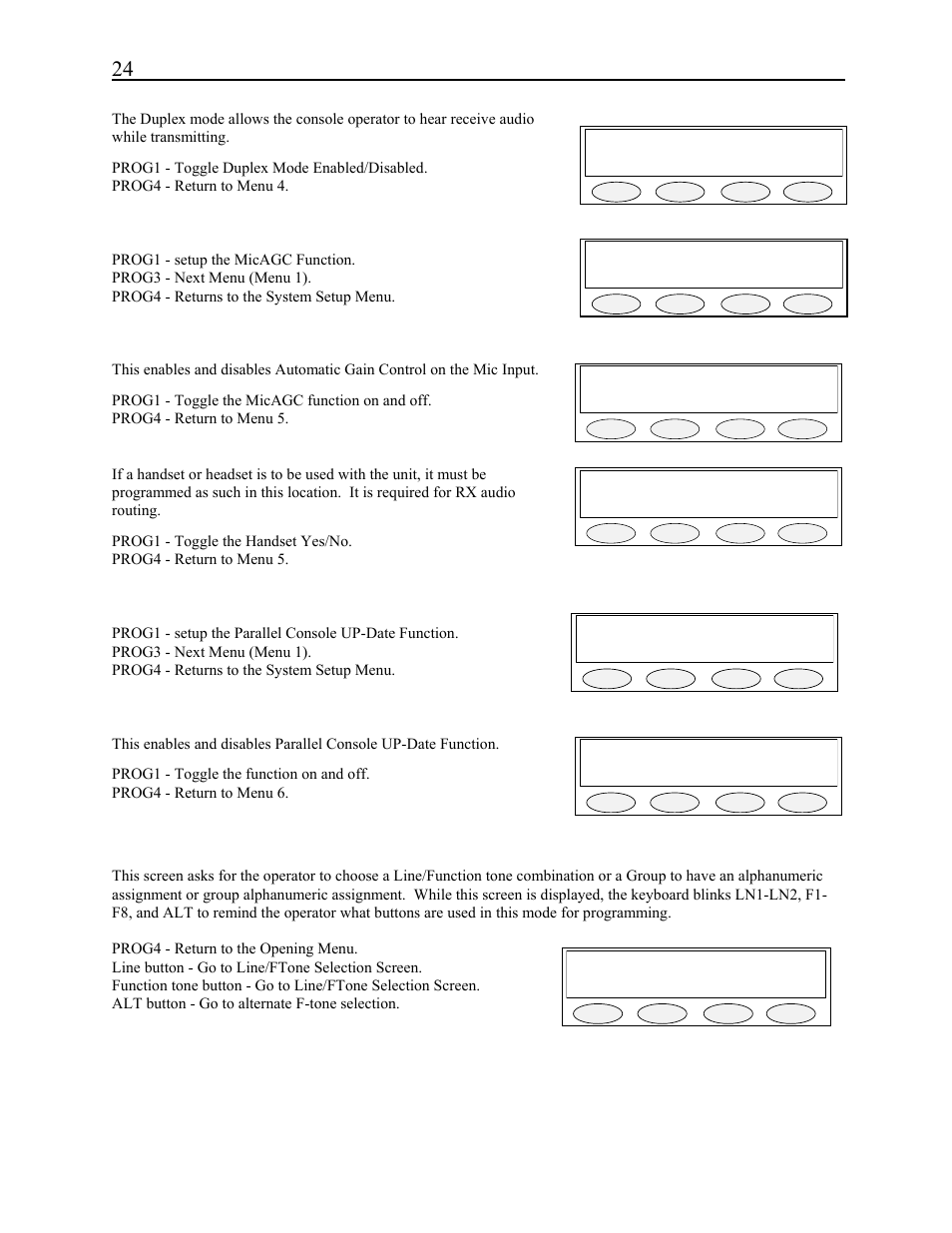 5 alphanumeric function-line setup, Duplex: enabled tgl back, System settings micagc hand nxt back | Mic agc: off tgl back, Handset port:disable tgl back, System settings cupdate next back, Console update: off tgl back, Select line+ft/group back, 2 duplex enable, 6 menu 5 system setup screen | Telex C-2002 User Manual | Page 30 / 60