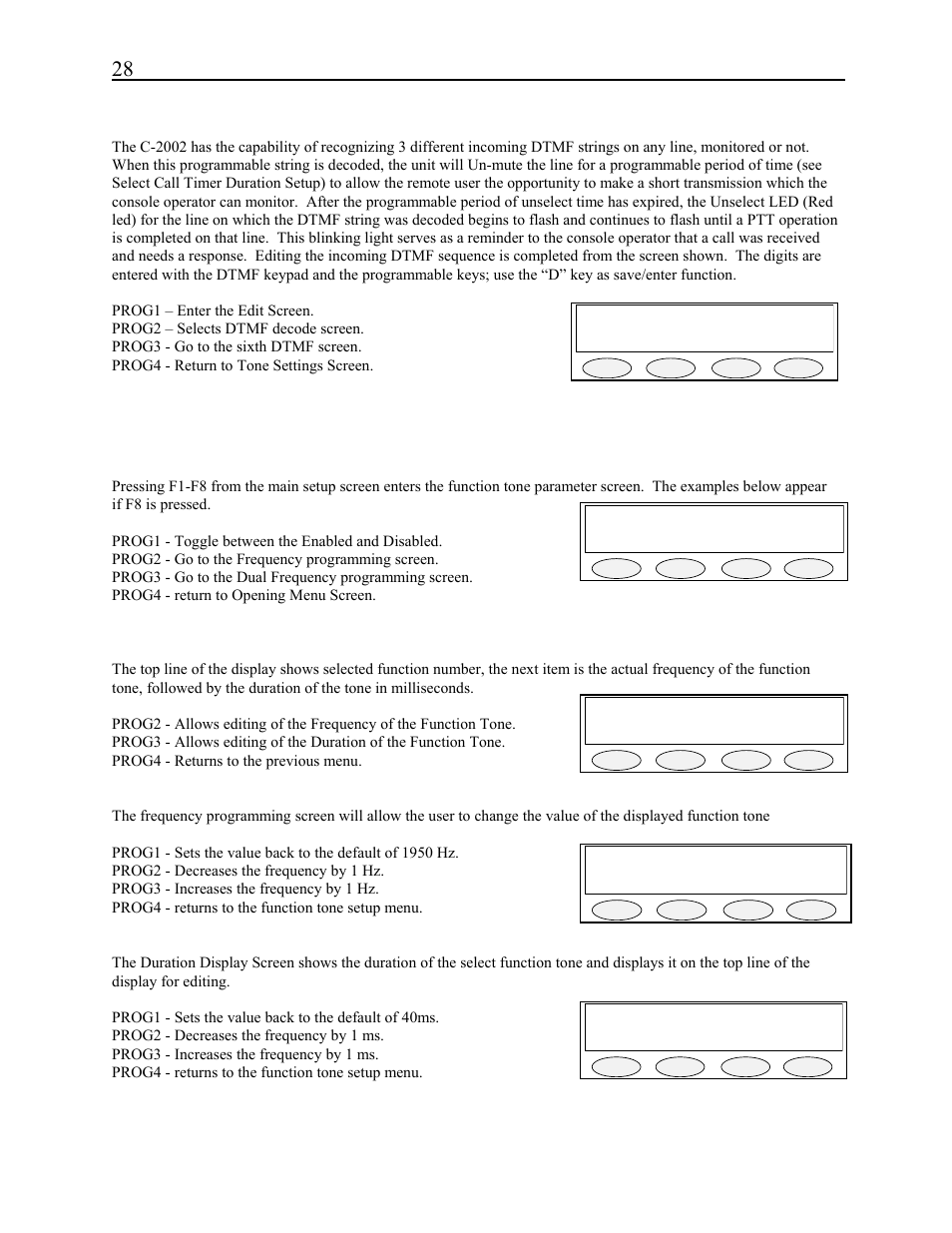 8 function tone parameter screen, F8 enabled tgl tone next back, 2 incoming select call dtmf string setup | 1 function tone enabled/disable, 2 function tone setup, 3 frequency programming screen, 4 duration display screen | Telex C-2002 User Manual | Page 34 / 60