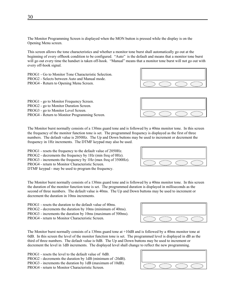 11 monitor programming screen, Monitor auto tone a/m back, Mon dur = 40ms 40ms dwn up back | Mon lvl = 0db 0db dwn up back | Telex C-2002 User Manual | Page 36 / 60