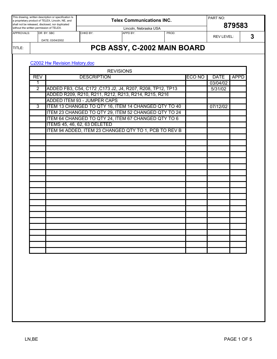 Pcb assy, c-2002 main board | Telex C-2002 User Manual | Page 49 / 60