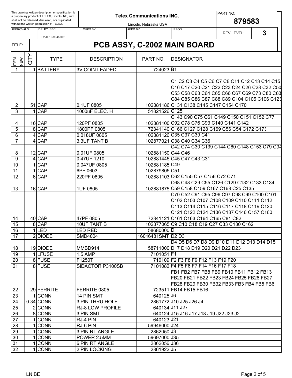 Pcb assy, c-2002 main board | Telex C-2002 User Manual | Page 50 / 60