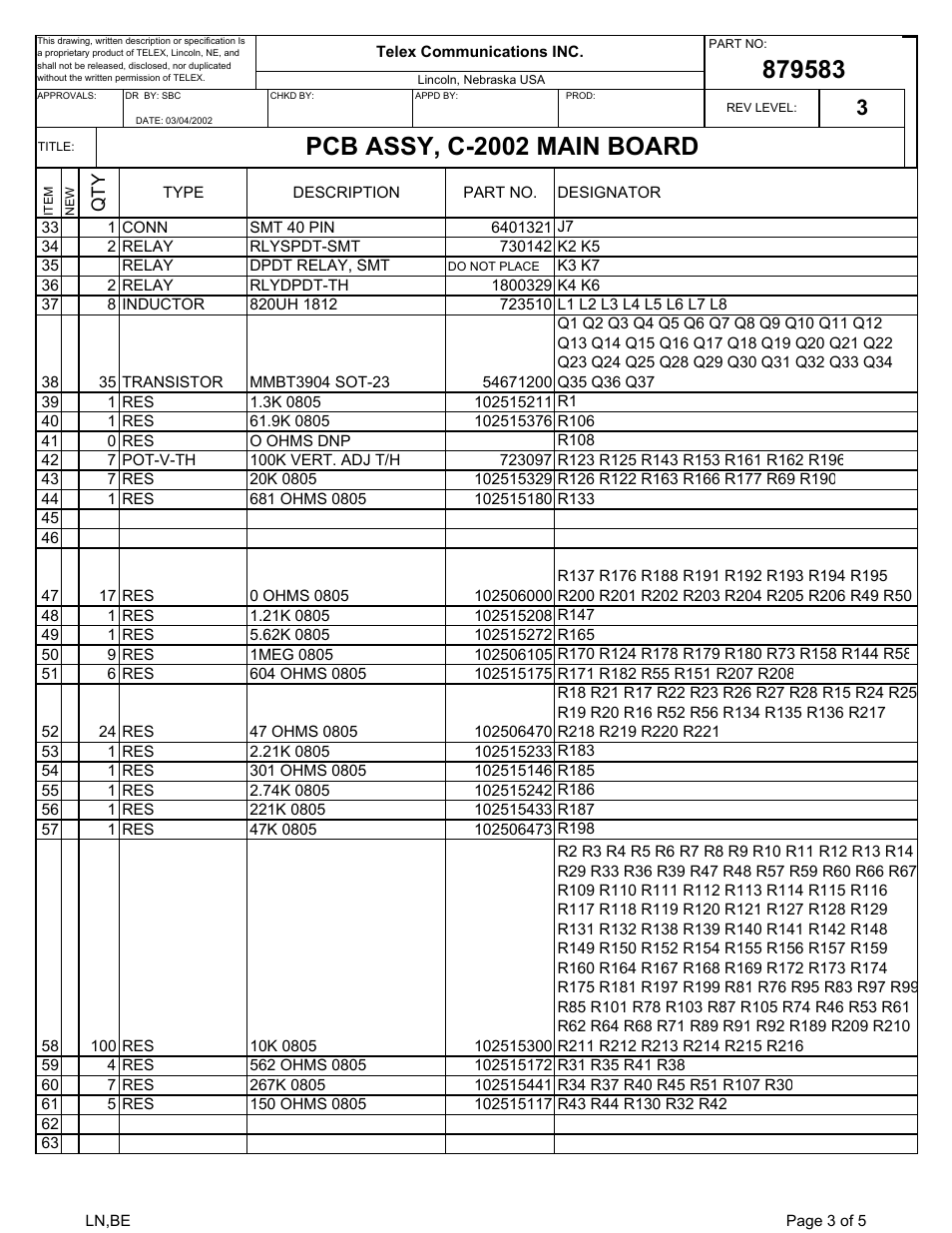 Pcb assy, c-2002 main board | Telex C-2002 User Manual | Page 51 / 60