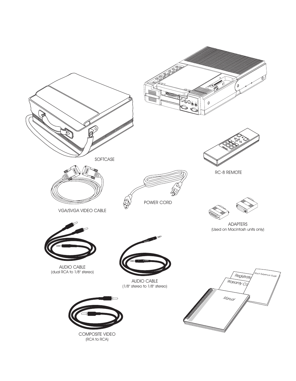 Ser's, Manual, Adapters | Vga/svga video cable power cord composite video, Rc-8 remote softcase audio cable, Audio cable, Warranty card registration card, Used on macintosh units only), Rca to rca), Dual rca to 1/8
