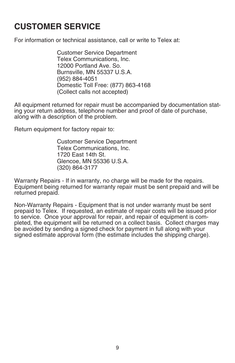 Customer service | Telex ANR TM 500 User Manual | Page 10 / 12