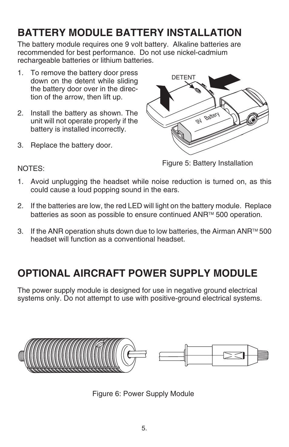 Battery module battery installation, Optional aircraft power supply module | Telex ANR TM 500 User Manual | Page 6 / 12