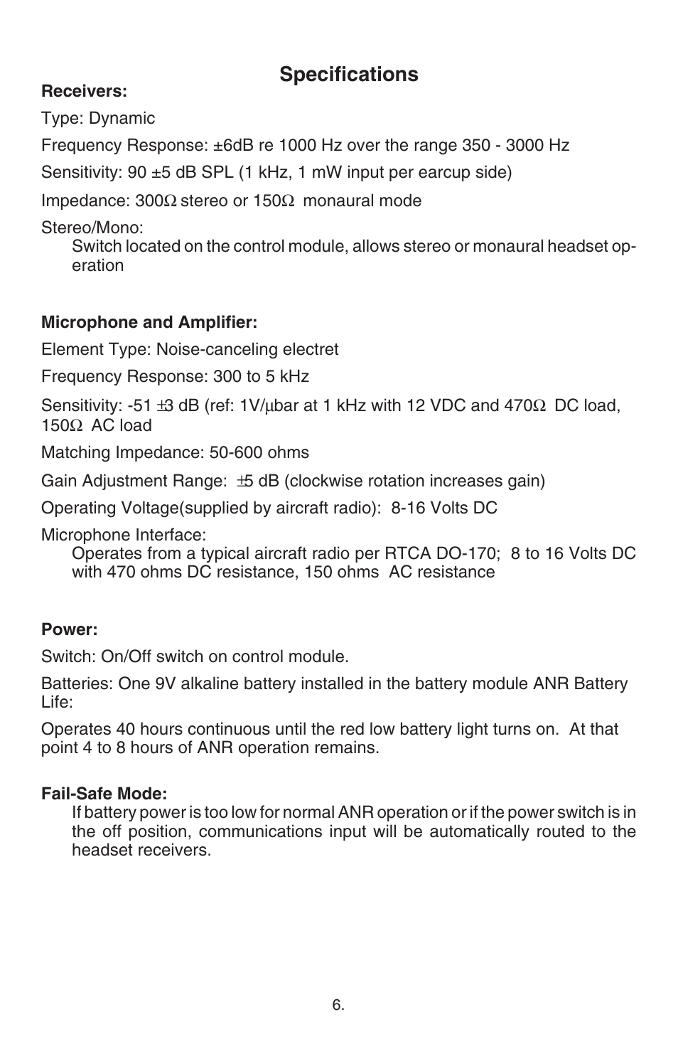 Specifications | Telex ANR TM 500 User Manual | Page 7 / 12