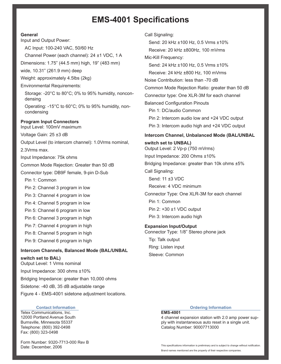 Ems-4001 specifications | Telex Audiocom EMS-4001 User Manual | Page 2 / 2