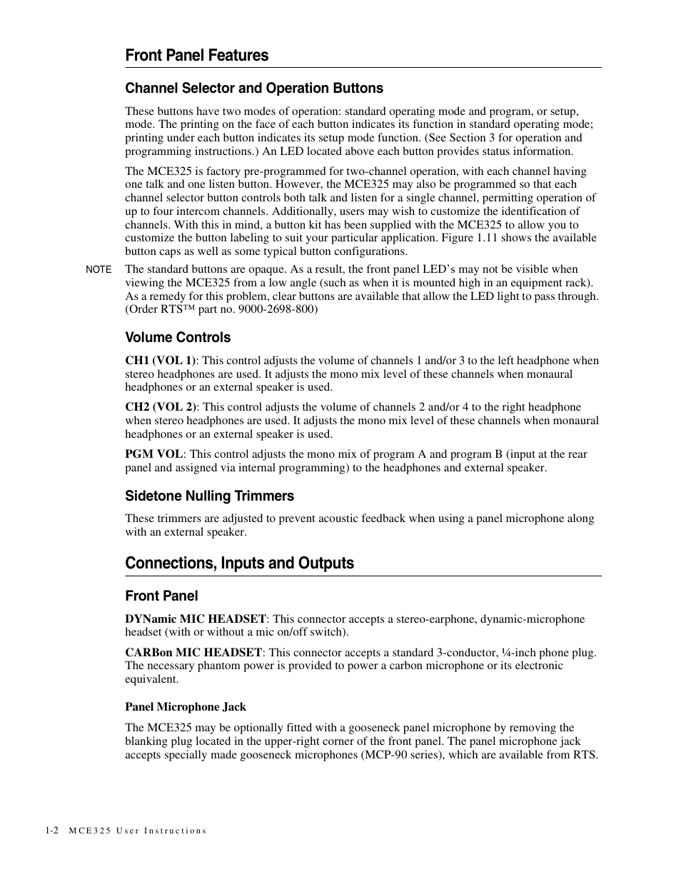 Front panel features, Channel selector and operation buttons, Volume controls | Sidetone nulling trimmers, Connections, inputs and outputs, Front panel, Panel microphone jack, Front panel features -2, Connections, inputs and outputs -2, Front panel -2 | Telex MCE325 User Manual | Page 10 / 85