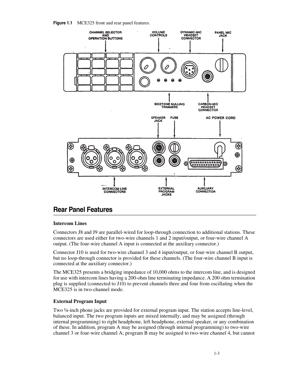 Rear panel features, Intercom lines, External program input | Rear panel features -3, Intercom lines -3 external program input -3 | Telex MCE325 User Manual | Page 11 / 85