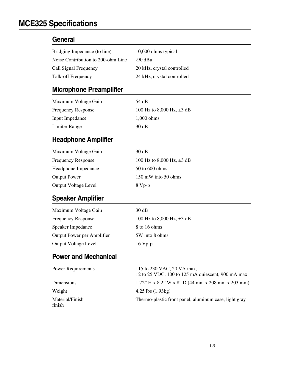 Mce325 specifications, General, Microphone preamplifier | Headphone amplifier, Speaker amplifier, Power and mechanical, Mce325 specifications -5 | Telex MCE325 User Manual | Page 13 / 85