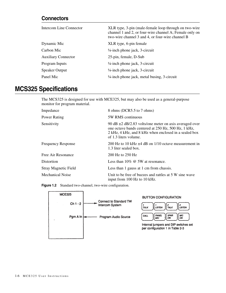 Connectors, Mcs325 specifications, Connectors -6 | Mcs325 specifications -6 | Telex MCE325 User Manual | Page 14 / 85