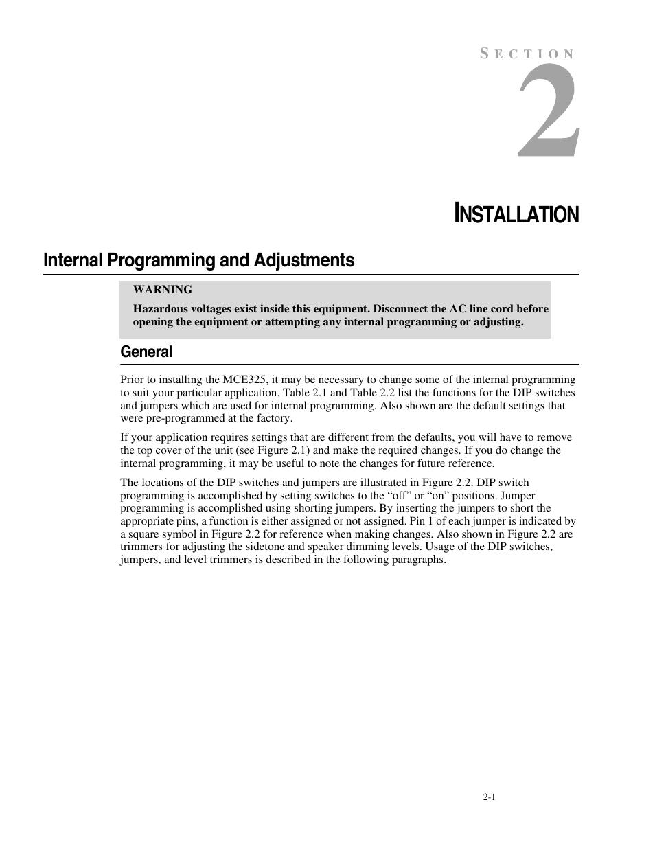 Installation, Internal programming and adjustments, General | Internal programming and adjustments -1, General -1, Nstallation | Telex MCE325 User Manual | Page 21 / 85