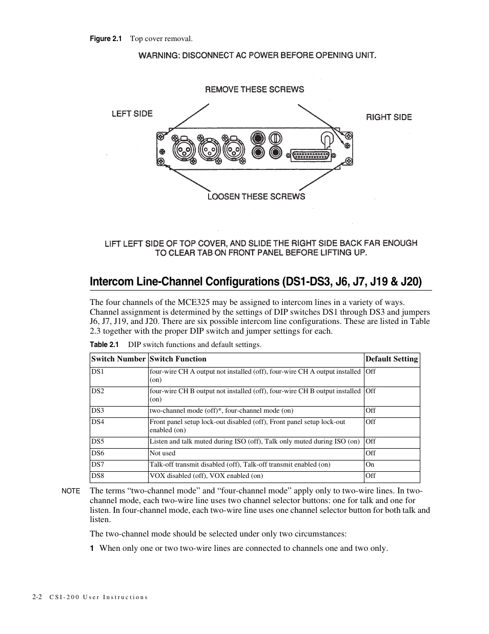 On. table 2.1, Figure 2.1) a | Telex MCE325 User Manual | Page 22 / 85