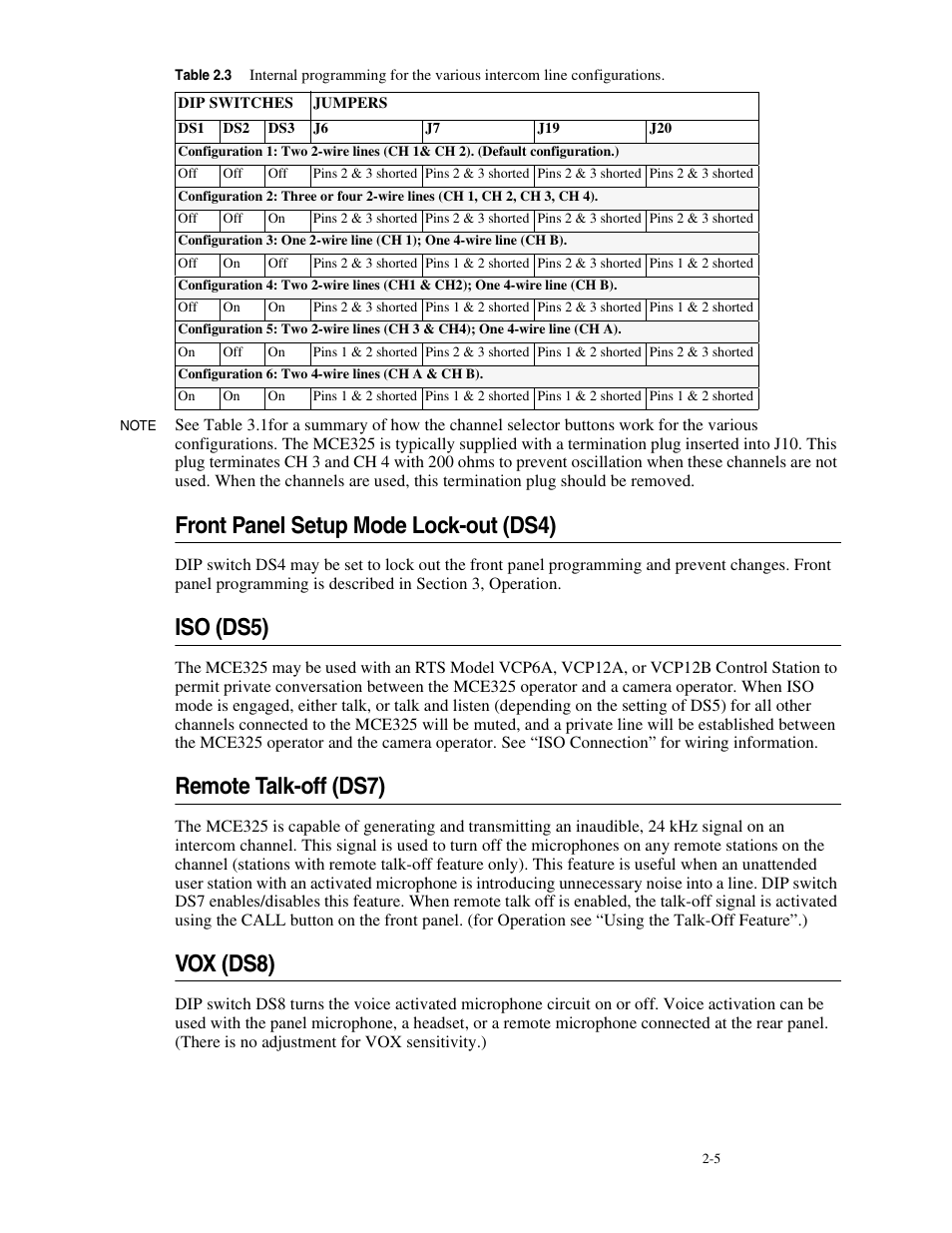 Front panel setup mode lock-out (ds4), Iso (ds5), Remote talk-off (ds7) | Vox (ds8) | Telex MCE325 User Manual | Page 25 / 85