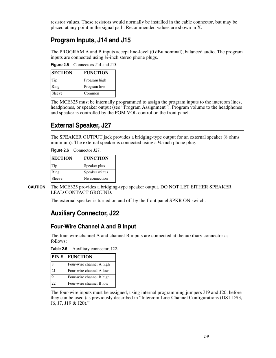 Program inputs, j14 and j15, External speaker, j27, Auxiliary connector, j22 | Four-wire channel a and b input, Four-wire channel a and b input -9 | Telex MCE325 User Manual | Page 29 / 85