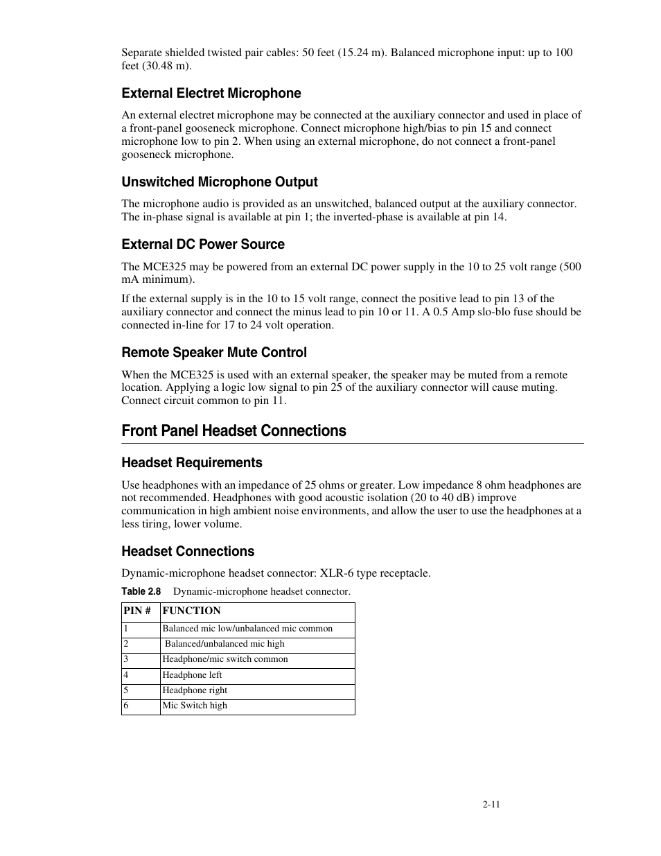 External electret microphone, Unswitched microphone output, External dc power source | Remote speaker mute control, Front panel headset connections, Headset requirements, Headset connections, External electret microphone -11, Front panel headset connections -11, Headset requirements -11 headset connections -11 | Telex MCE325 User Manual | Page 31 / 85