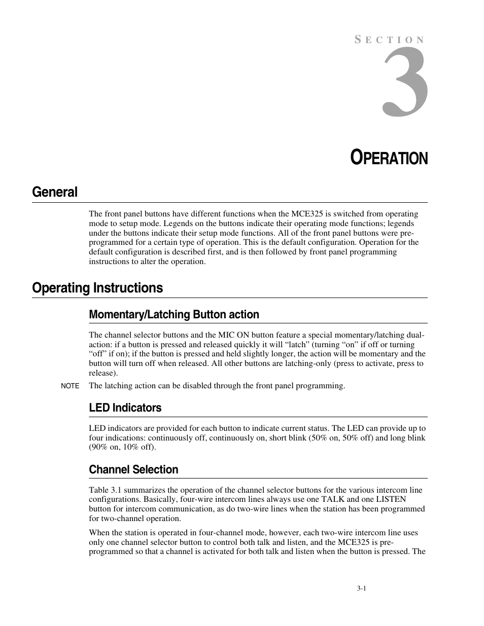 Operation, General, Operating instructions | Momentary/latching button action, Led indicators, Channel selection, General -1 operating instructions -1, Peration | Telex MCE325 User Manual | Page 33 / 85