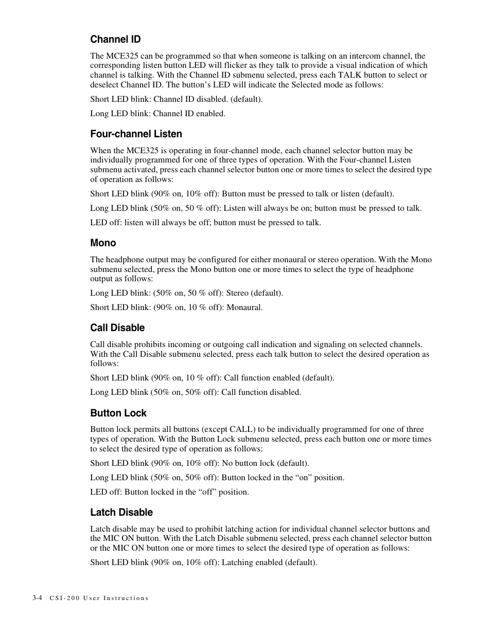 Channel id, Four-channel listen, Mono | Call disable, Button lock, Latch disable | Telex MCE325 User Manual | Page 36 / 85