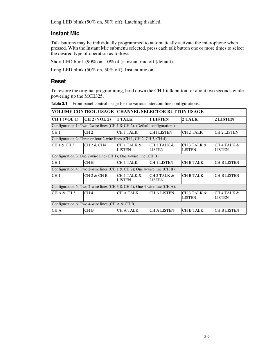 Instant mic, Reset, Instant mic -5 reset -5 | Telex MCE325 User Manual | Page 37 / 85