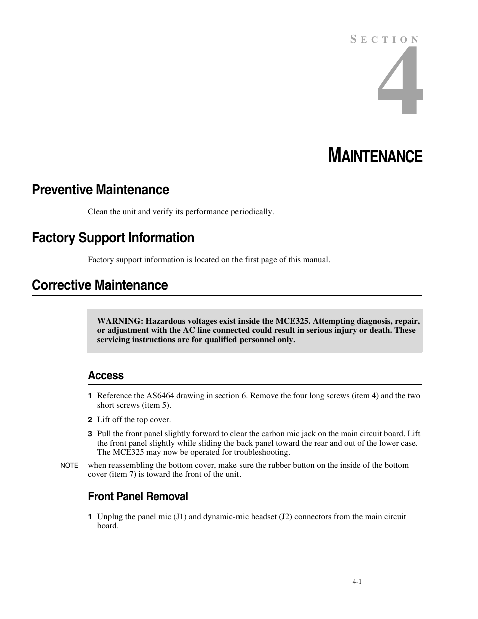 Maintenance, Preventive maintenance, Factory support information | Corrective maintenance, Access, Front panel removal, Access -1 front panel removal -1, Aintenance | Telex MCE325 User Manual | Page 39 / 85