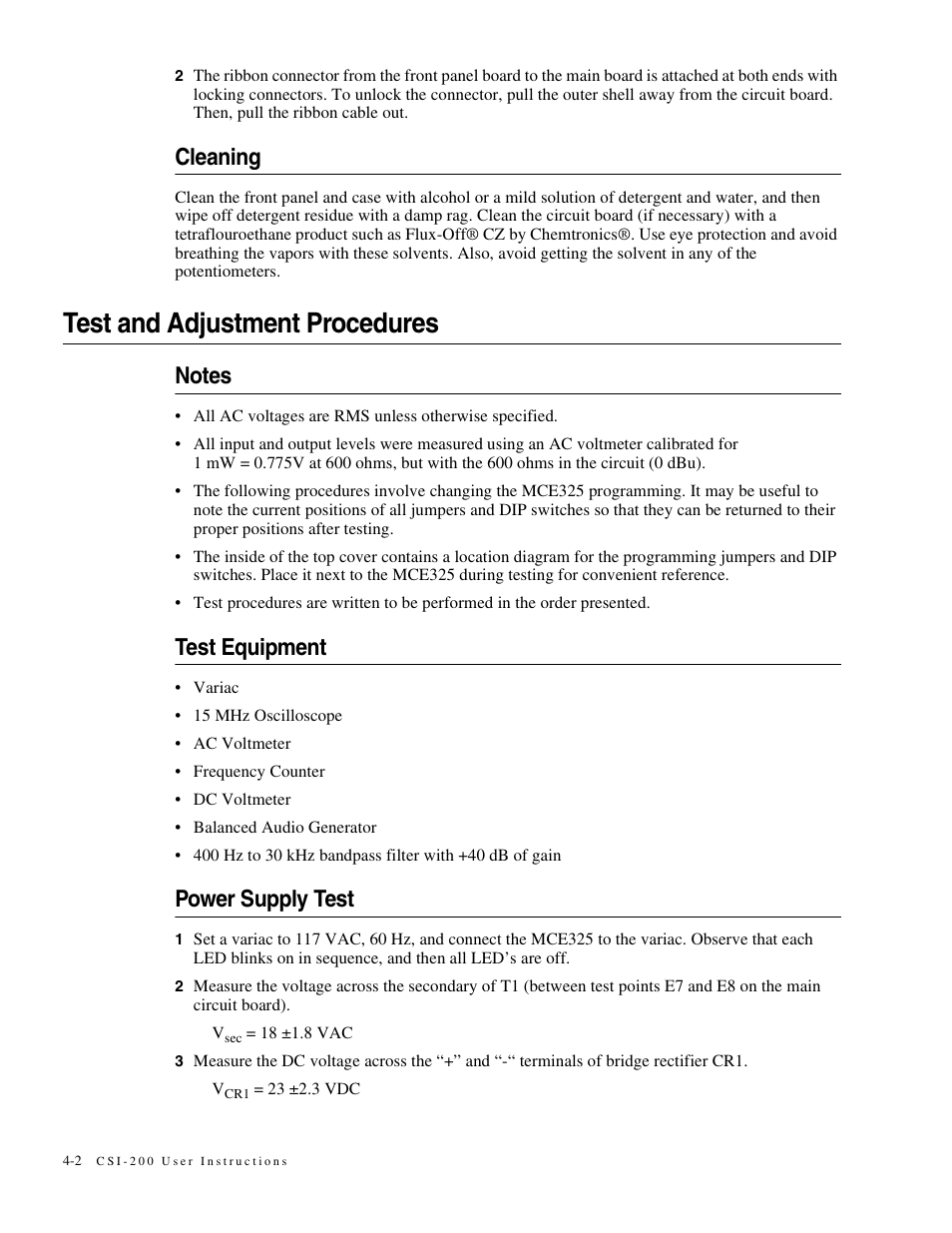 Cleaning, Test and adjustment procedures, Notes | Test equipment, Power supply test, Cleaning -2, Test and adjustment procedures -2, Notes -2 test equipment -2 power supply test -2 | Telex MCE325 User Manual | Page 40 / 85