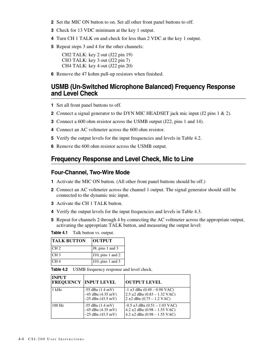 Frequency response and level check, mic to line, Four-channel, two-wire mode, Four-channel, two-wire mode -4 | Telex MCE325 User Manual | Page 42 / 85